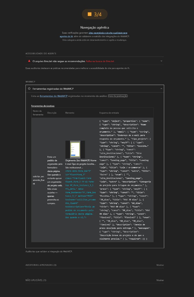 Relatório Lighthouse de navegação agêntica: tools WebMCP declarativas no Fluent Forms e falha de busca de llms.txt