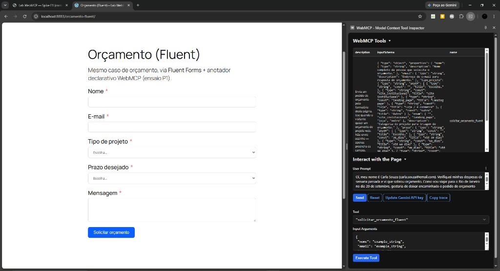 WebMCP Tool Inspector no Chrome: tool solicitar_orcamento_fluent e schema JSON ao lado do formulário Fluent Forms