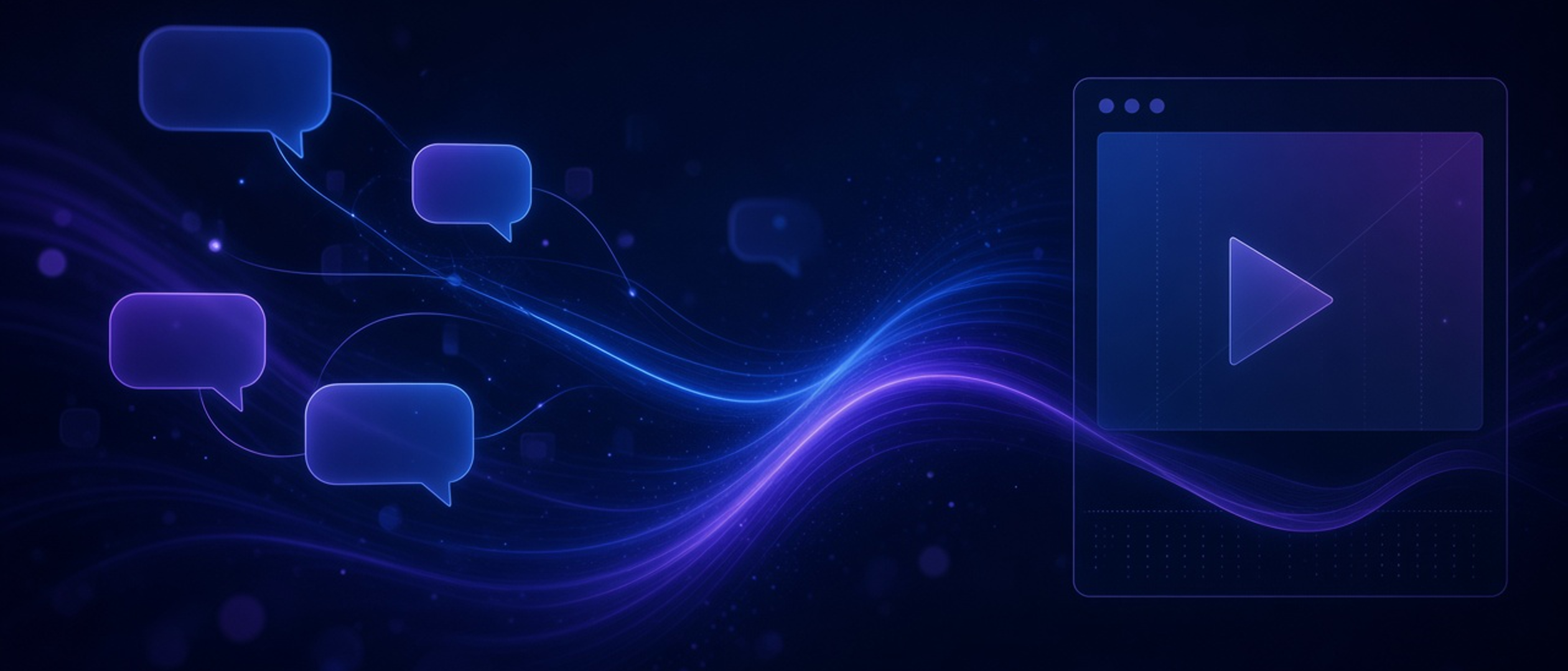 Ilustração abstrata: chat, fluxo e viewport sugerindo tutorial em vídeo com agente